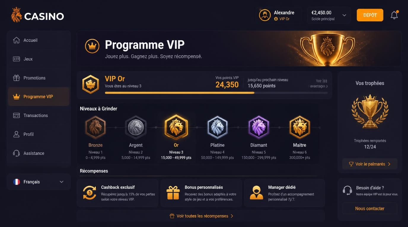 Vue d’ensemble du programme VIP avec niveaux et récompenses