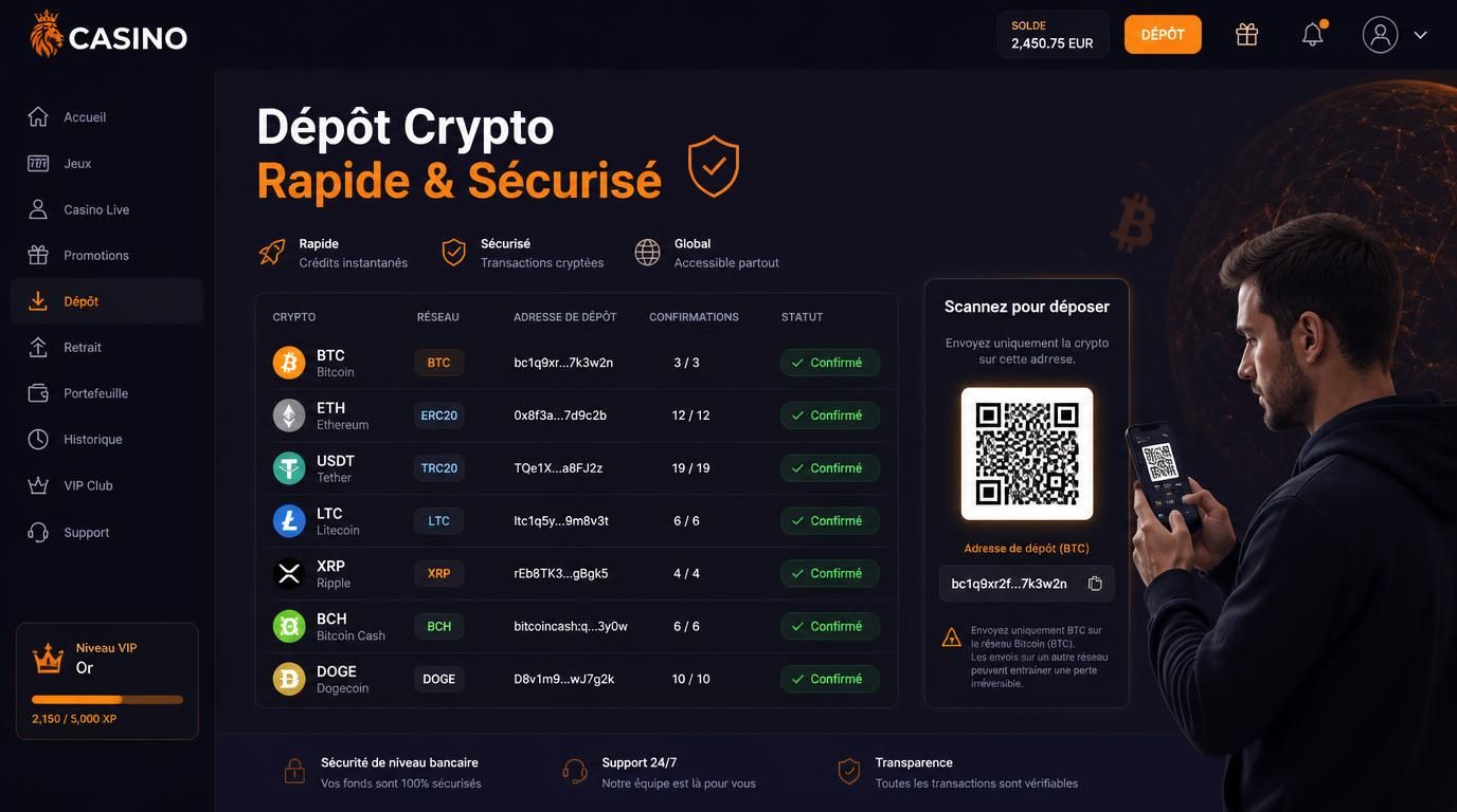 Image montrant logos de cryptos acceptées + réseau + utilisateur vérifiant adresse