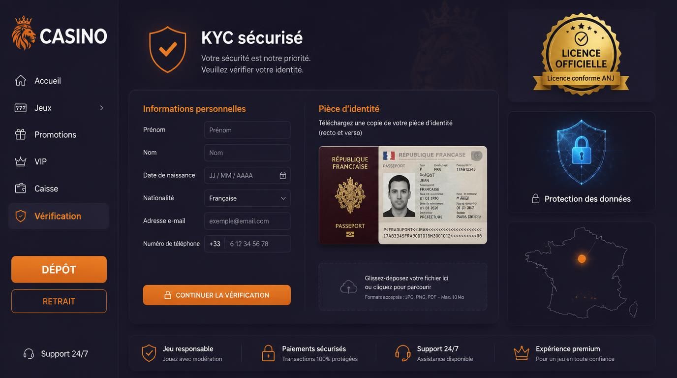 Interface de casino avec licence officielle et données protégées